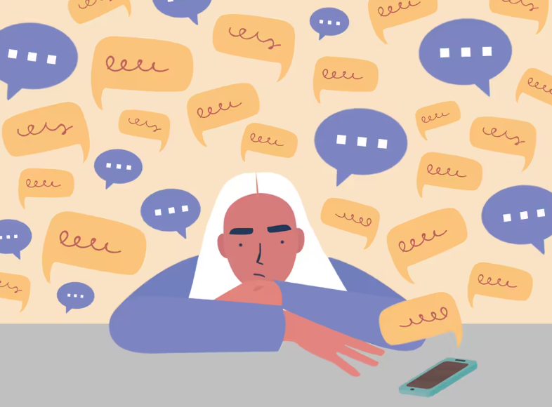 Illustration of a woman in speech bubbles, indicating how 988 is a year old and busy.