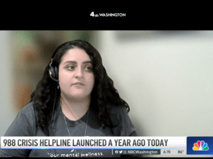 A screenshot of NBC news' "988 crisis lifeline marks a year since launch."